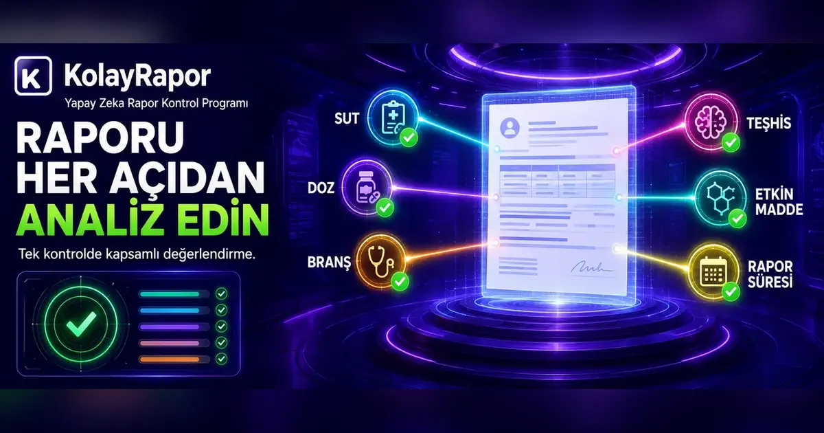Raporun SUT, doz, branş, teşhis, etkin madde ve süre alanlarıyla birlikte incelendiğini gösteren Kolay Rapor kapak görseli